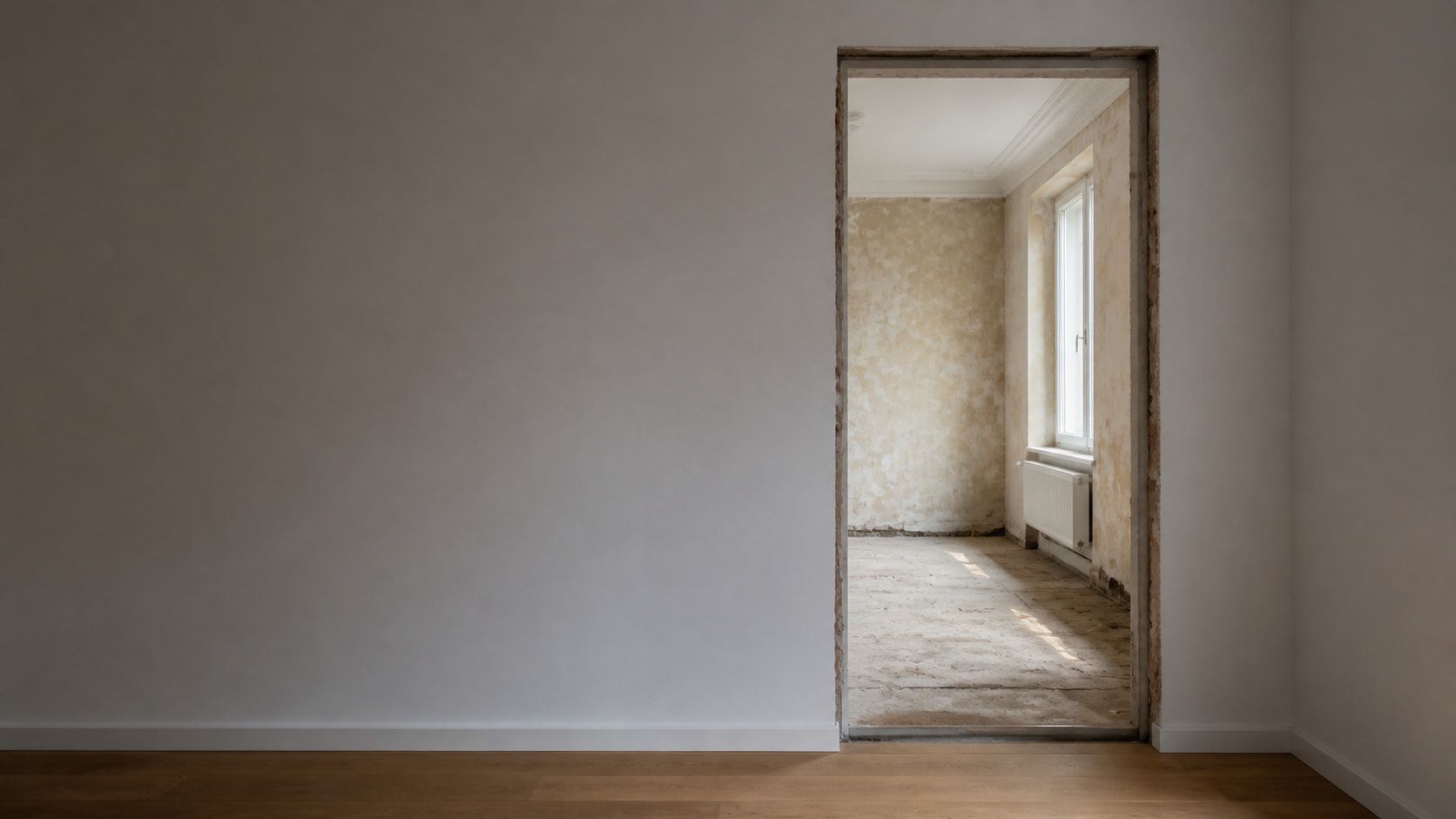 Blick in eine Wohnung während der Sanierung: fertiggestellte Wandflächen neben noch offenem Bereich