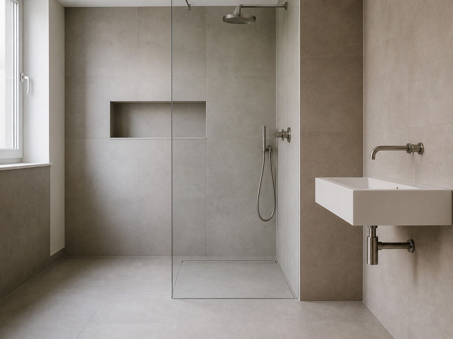 Modern saniertes Badezimmer mit bodengleicher Dusche, großformatigen Fliesen und offener Nische