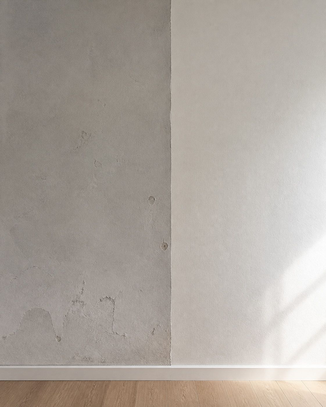 Blick auf eine halb fertiggestellte Wandfläche: links Bestandsputz, rechts neu gespachtelt